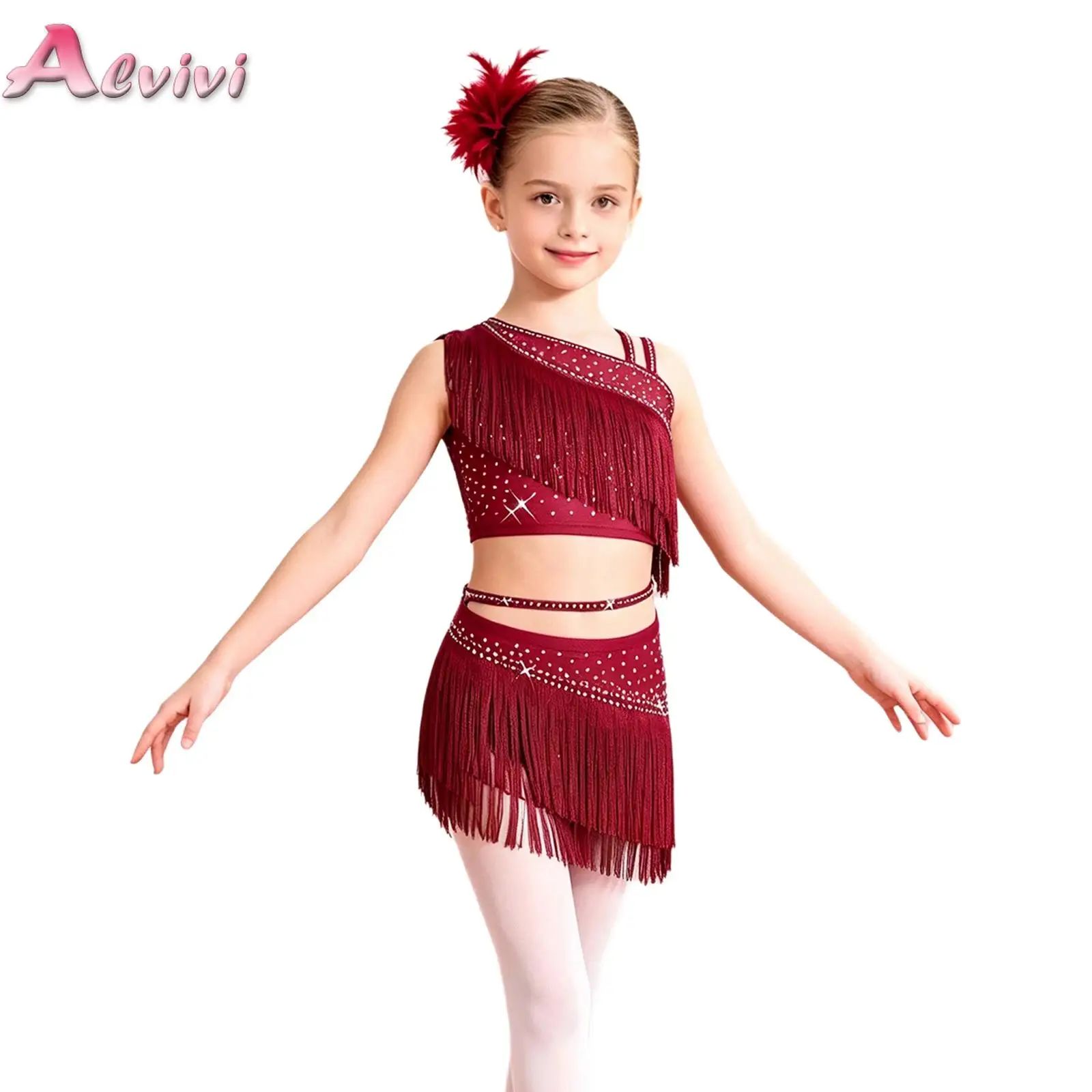 Kids Girls Rhinestone Tassel Latin Dance Outfit One Shoulder Crop Top with Built-in Briefs Skirt for Ballroom Modern Performance