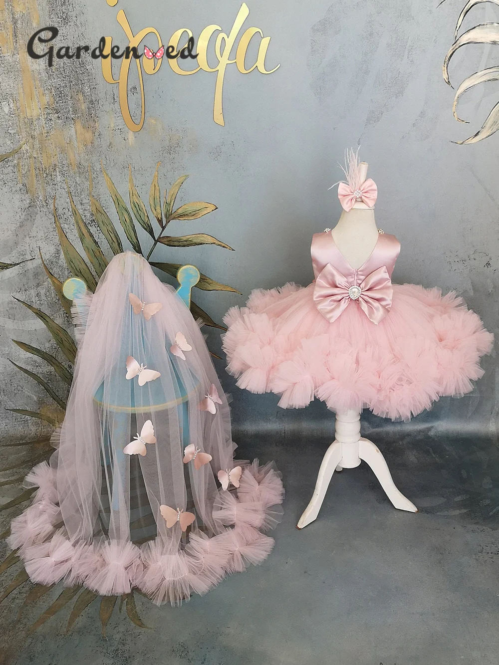 Vestido Puffy rosa com trem para bebê, Vestido de florista com arco, Vestidos de aniversário infantil fofos, Primeira comunhão