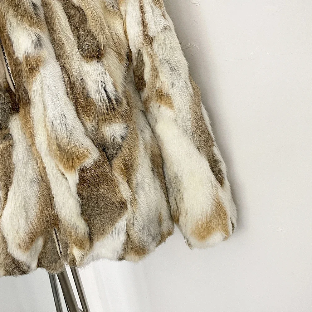 Natürliche Kaninchen Fell Jacke Dame Mode Herbst Winter Luxus Frauen Warm Zipper Mit Kapuze Verdickt Echtpelz Realität Pelzmantel Weibliche