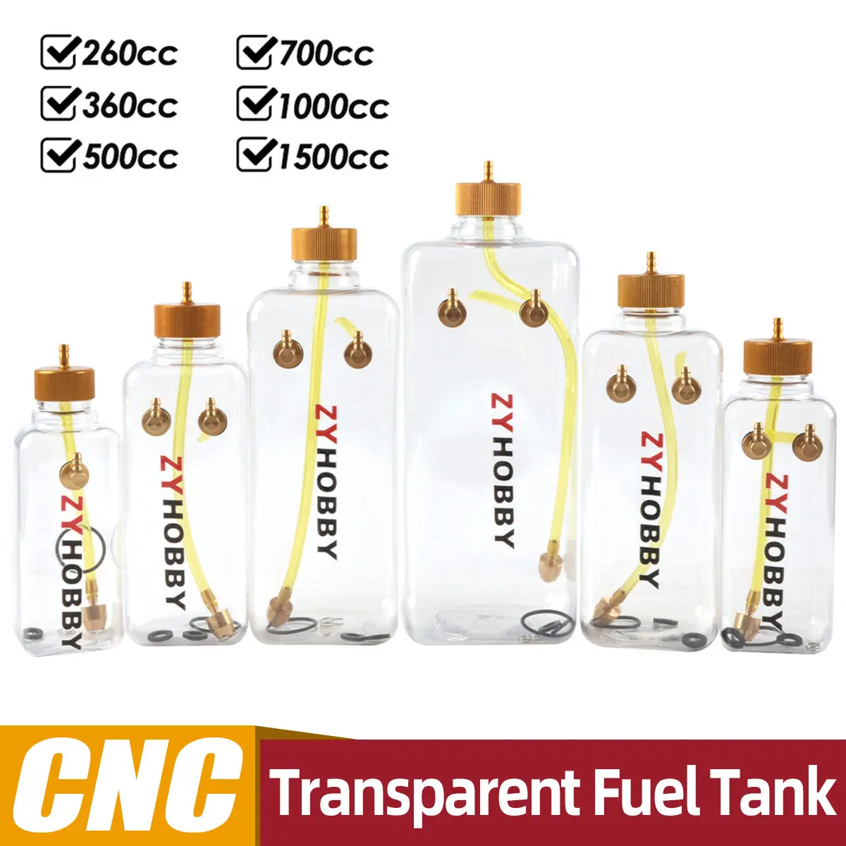 Garrafa quadrada de plástico transparente, RC Fuel Tank, 260 ml, 360 ml, 500 ml, 700 ml, 1000 ml, 1500 ml, CNC Liga de alumínio para Gás Nitro Avião