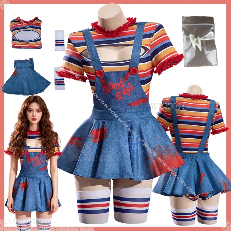 Ghost Costume for Kids Halloween Party Cosplay Cartoon Dress with Fake Blood Scary Goth Lolita Striped Jumpsuit And Overalls