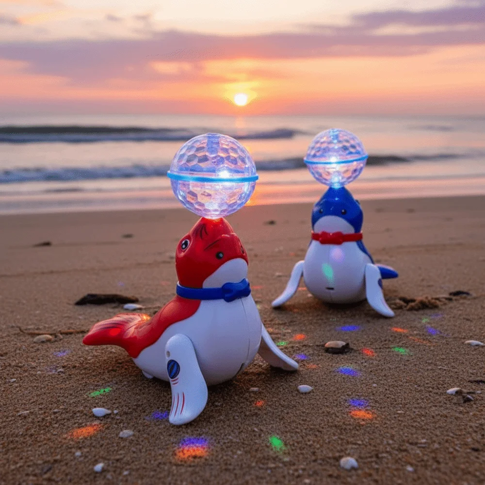 

Красочная электрическая игрушка-морской лев со звуком и светом, милый дизайн, вращающийся мяч, танцевальная функция, интерактивная электронная игрушка