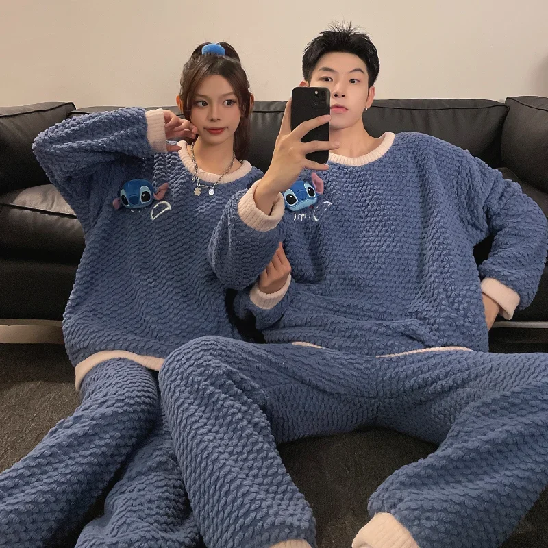 Cartoon Disney couple pajamas new round neck long-sleeved trousers coral fleece two-piece set Stitch men\'s/women\'s pajamas