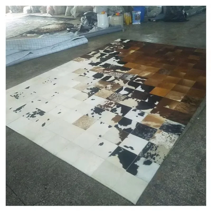 Blank Sublimation Cow Hide Area Rug Large Size Brown and Black Cowhide Leather Patchwork Floor Carpet