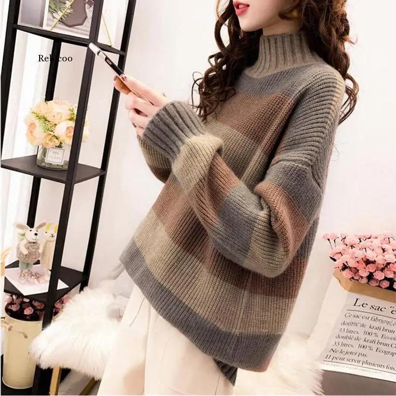 Women Knit Sweater Autumn Winter Fashion Loose Stripe Medium Length Sweaters Pullover Long Sleeve Fitting Outerwear Top Cloth