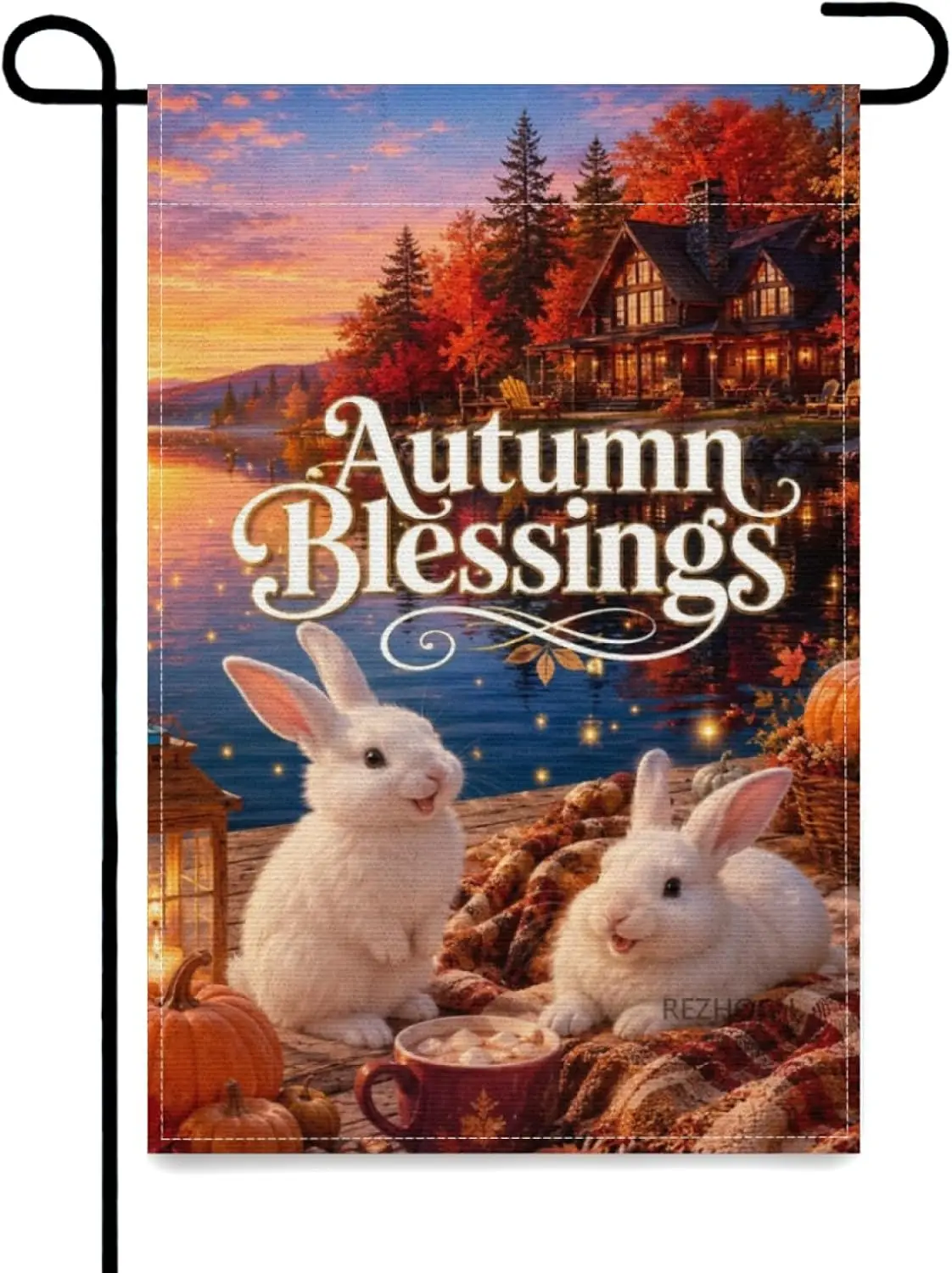 Autumn Blessings Cute White Rabbit Garden Flag 12x18Inch,Funny Animal Fall Lake House Outdoor Yard Decor,Rustic Pumpkin Cabi yyi