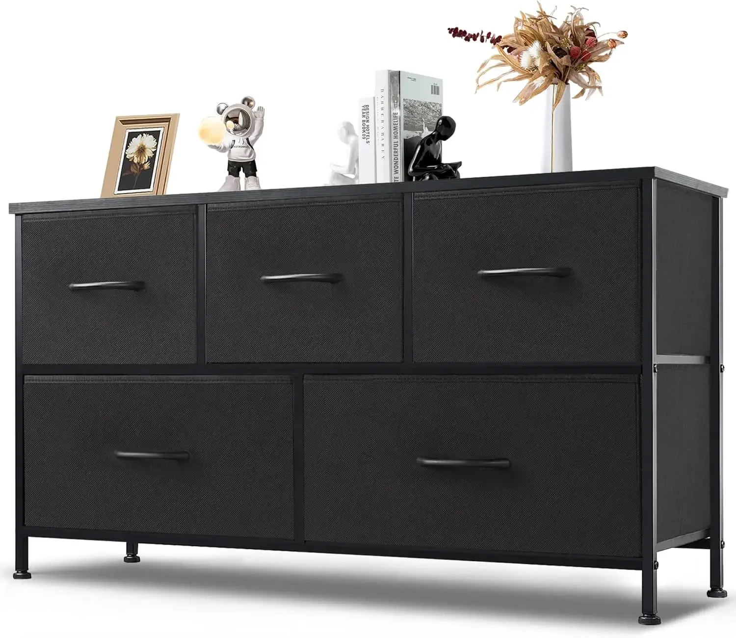 

Dresser for Bedroom, 5 Storage Drawers, Wide Fabric Closet Chests Organizer Tower Furniture with Wooden Top Metal Frame