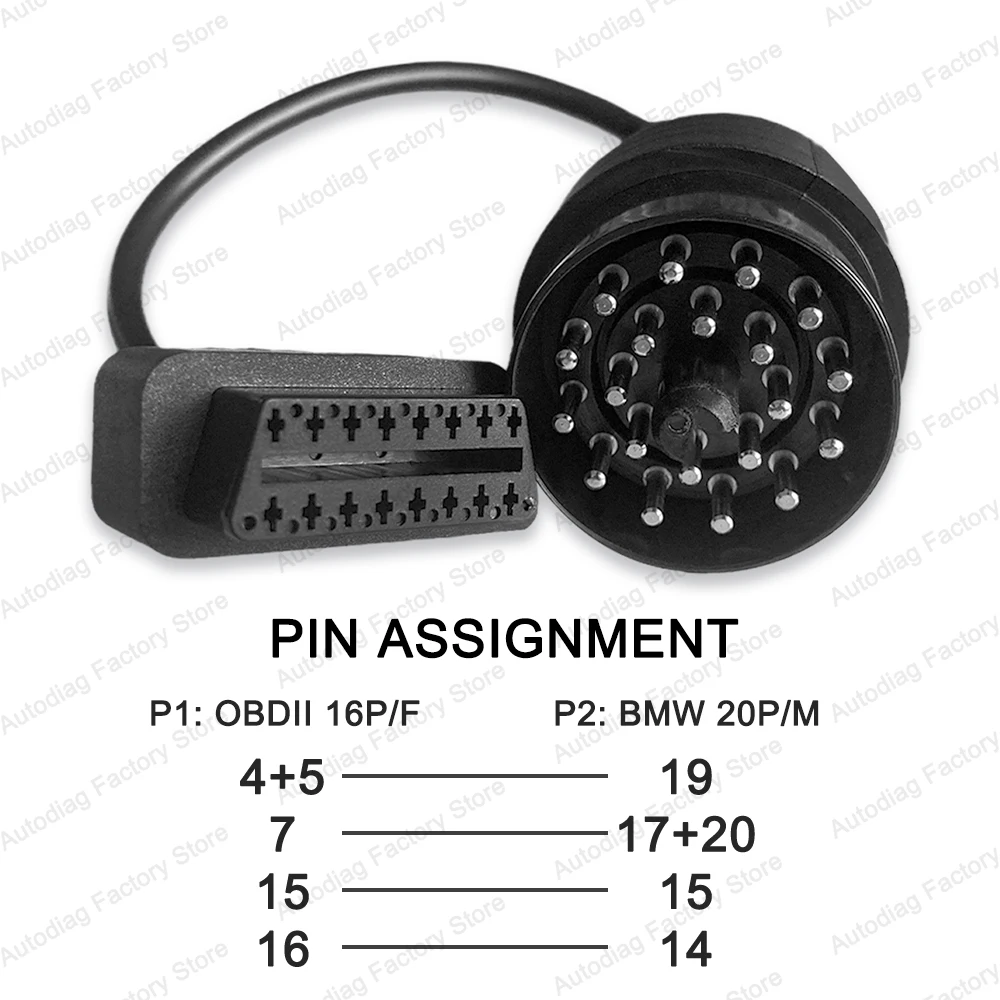 BMW 20핀 OBD에서 16핀 OBD2 진단 케이블로 변환, BMW E31/E32/E34/E36/E38/E39/E46/E53/X5 OBDII 진단 인터페이스 커넥터용