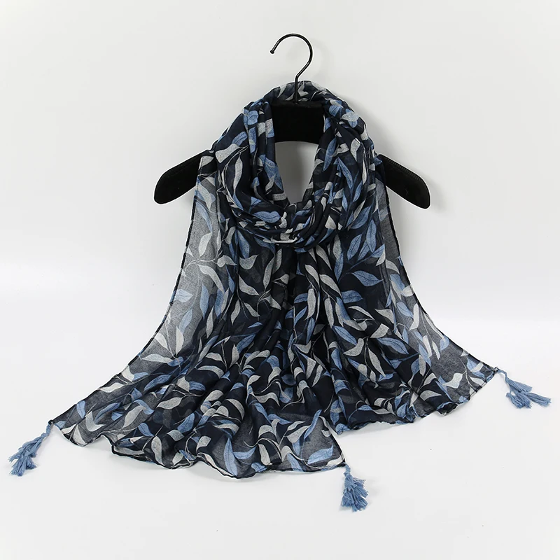 Temperament Tassel Scarf Shawl Wrap Women Cotton Viscose Stoles Leaf Print Nackerchief Thin Travel Head Scarf Pashmina