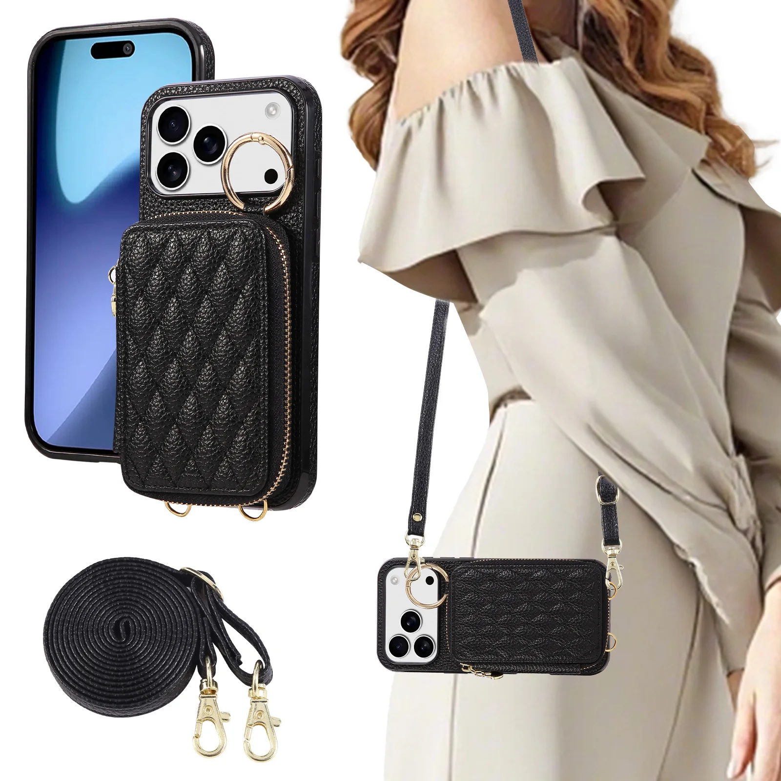 

Crossbody Case for iPhone 17 Pro Max Air 16E 16 Plus 15 Pro 14 13 Mini 12 11 Multi functional card holder Plain Leather wallet