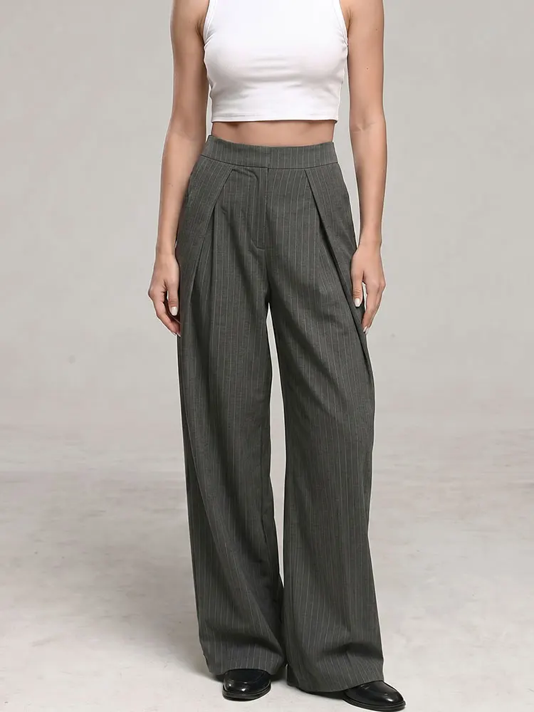 HH Damenmode, lockere graue Nadelstreifen-Hose, weites Bein, Reißverschluss, für Frühling und Sommer, lässige Urlaubshose, High-Street-Hose