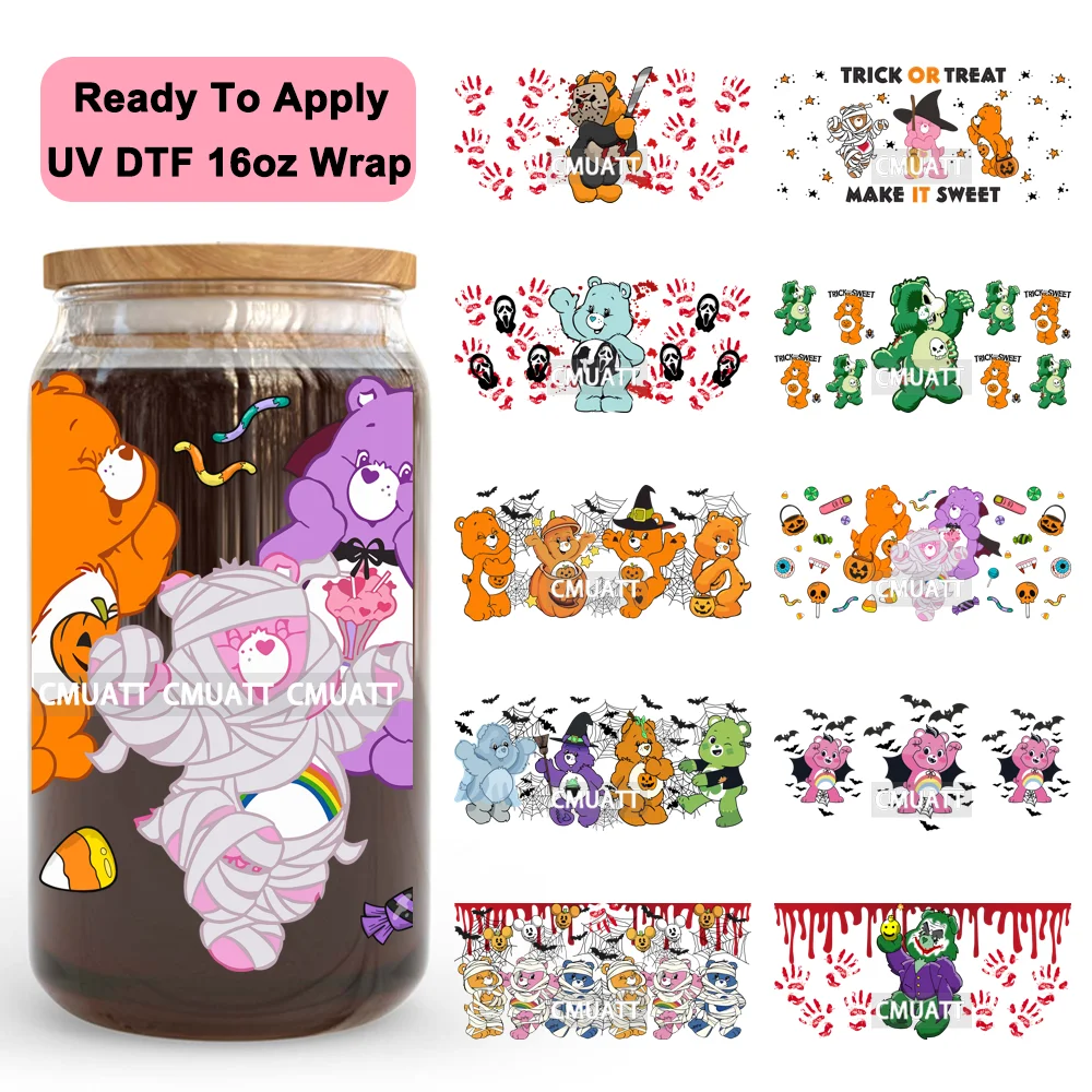 

Scare Bear Cartoon Halloween Season UV DTF Wraps Transfer Sticker Selfadhesive Waterproof High Quality For 16OZ Libbey Glass Can