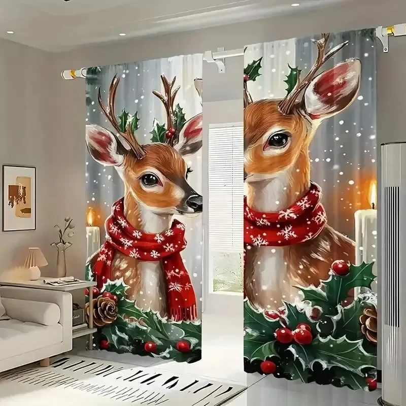 2PCS Christmas Curtains Reindeer Red Scarf Holly Berry Candle Snow Digital Print Drapes for Living Room Bedroom Holiday Decor