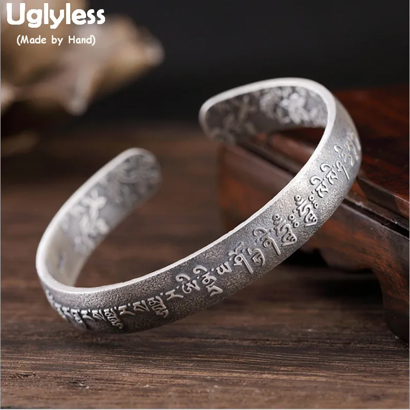 

Uglyless Real 999 Full Silver Thai Silver Bangles for Buddhists Tibetan Buddhistic Spell Bangle Leaves Double Sided Carved BA582