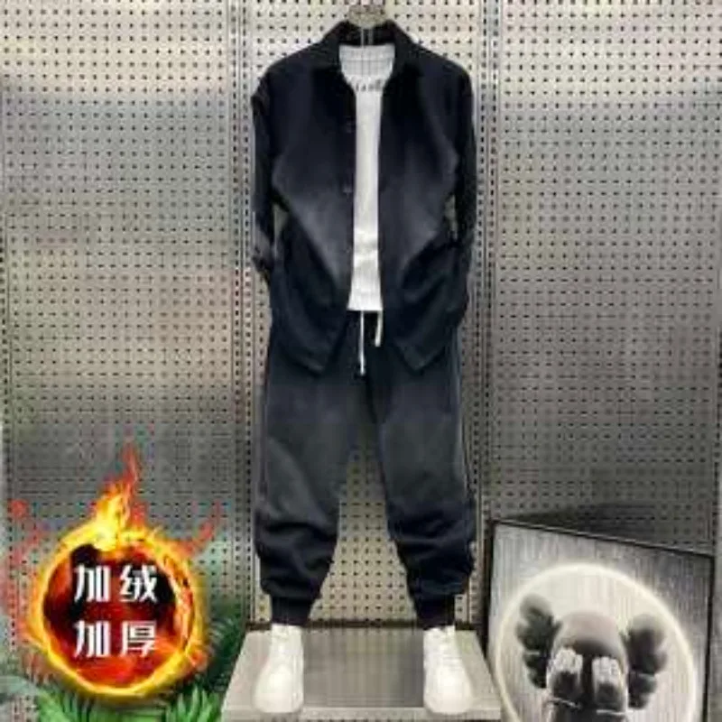 Spring Autumn Lapel Shirt Jacket Trousers Complete Set of Trendy Brand Men's Gradient Sports Leisure Two-piece Suit