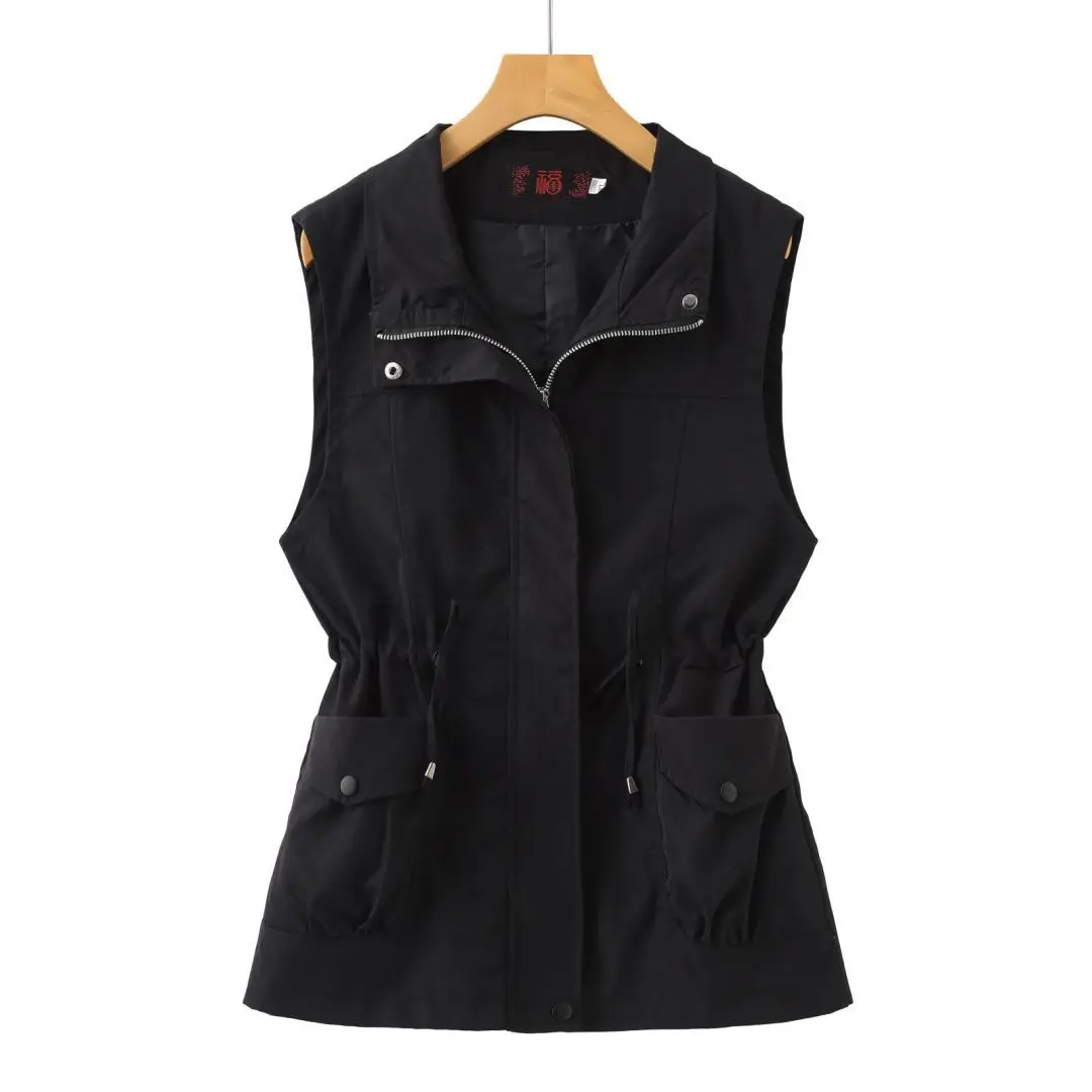 Fashionable Double Layer Lined Vest Women's Loose Casual Waist-Cinching Jacket Outerwear Polyester Fiber Regular Length