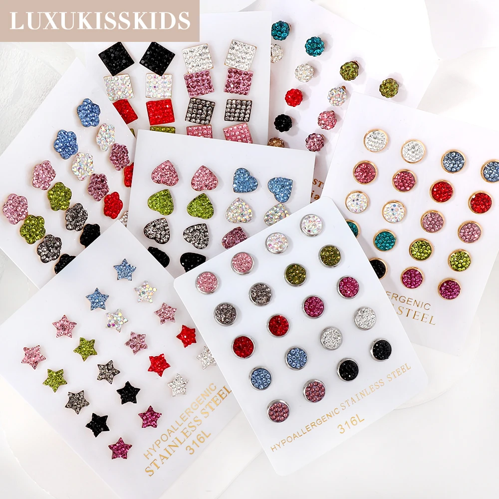 

LUXUKISSKIDS Rhinestone Summer Multi Color Star Flower Heart Round Stud Earrings For Girls Bohemian Style Cute Bulksale Gifts