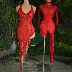 Colorful Diamond Dress Full Red Rhinestones Stretch Jumpsuit Sexy Pole Dance Clothing Stage Dj Ds Drag Queen Outfit XS8444