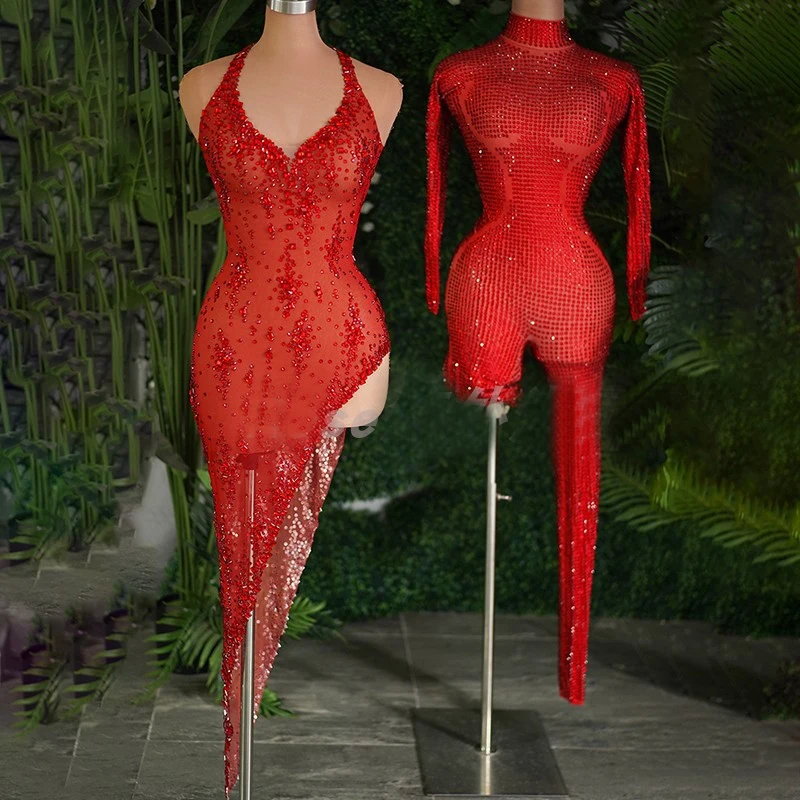 Colorful Diamond Dress Full Red Rhinestones Stretch Jumpsuit Sexy Pole Dance Clothing Stage Dj Ds Drag Queen Outfit XS8444