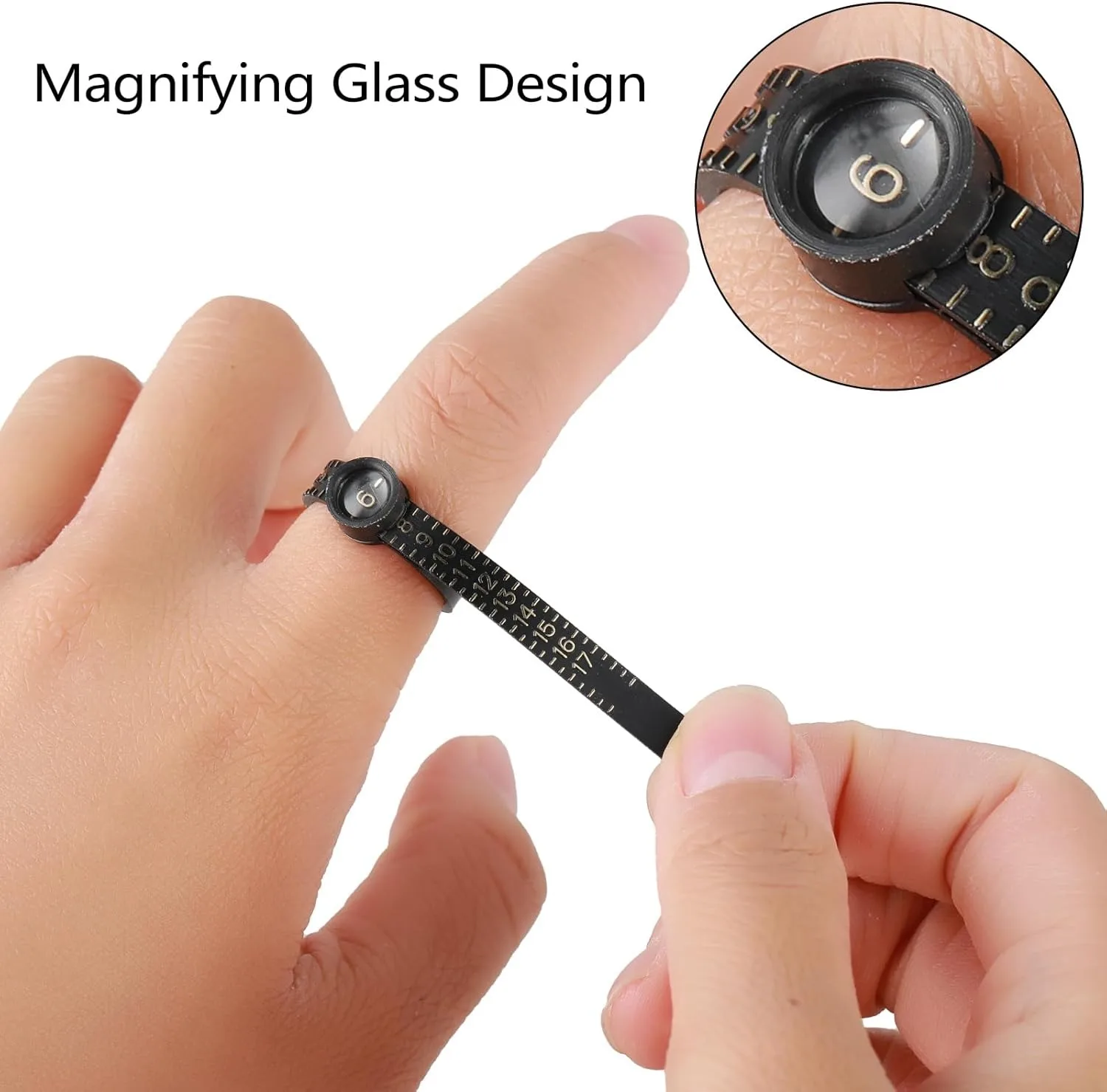 

Инструмент для измерения размера кольца, черный, белый цвет, многоразовый палец, размер США, пластиковый измерительный инструмент с лупой для размеров ювелирных изделий