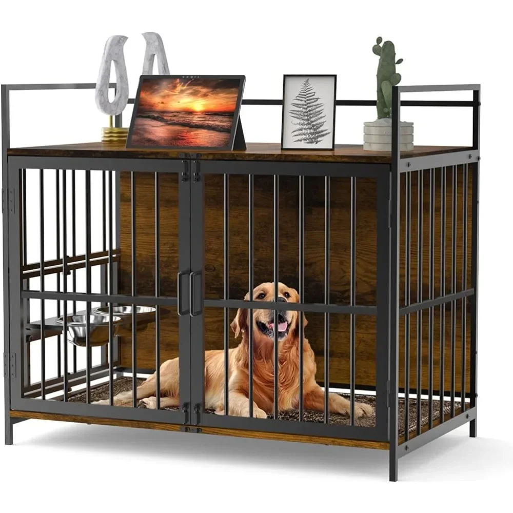 Furniture style large dog cage with two 360 ° and adjustable bowls, featuring a large dog black interior