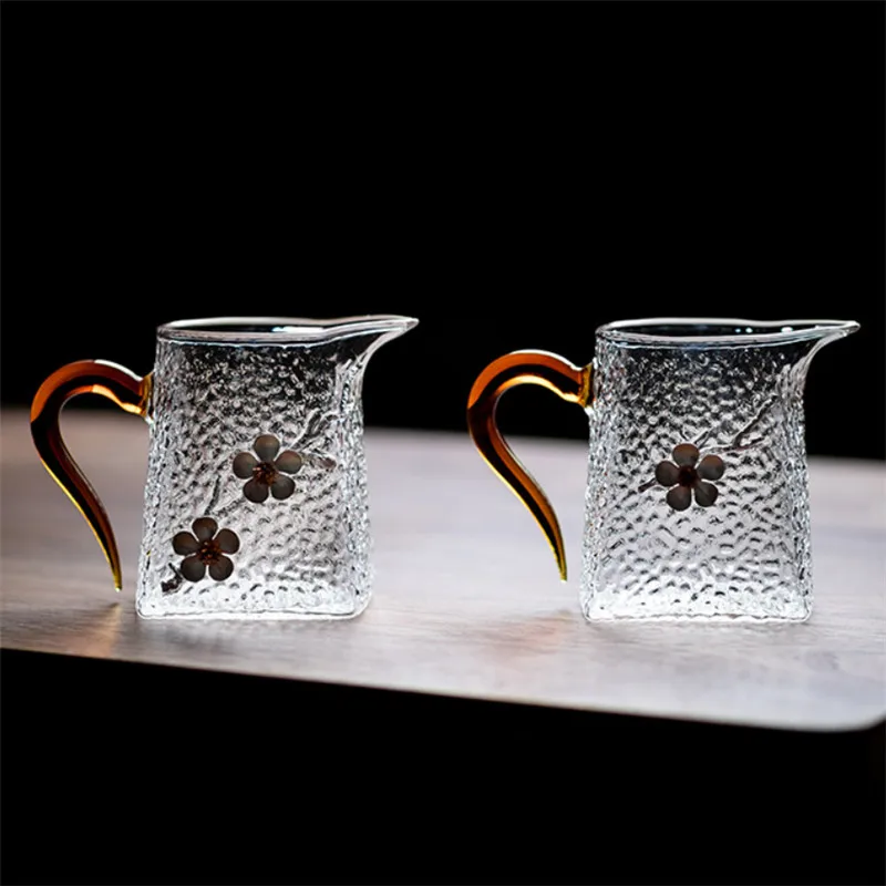 

Japanese Heat Resistant Large Glass Teapot With Handle Creative 3D Plum Glass Teacup Transparent Hammer Pattern Chahai Drinkware