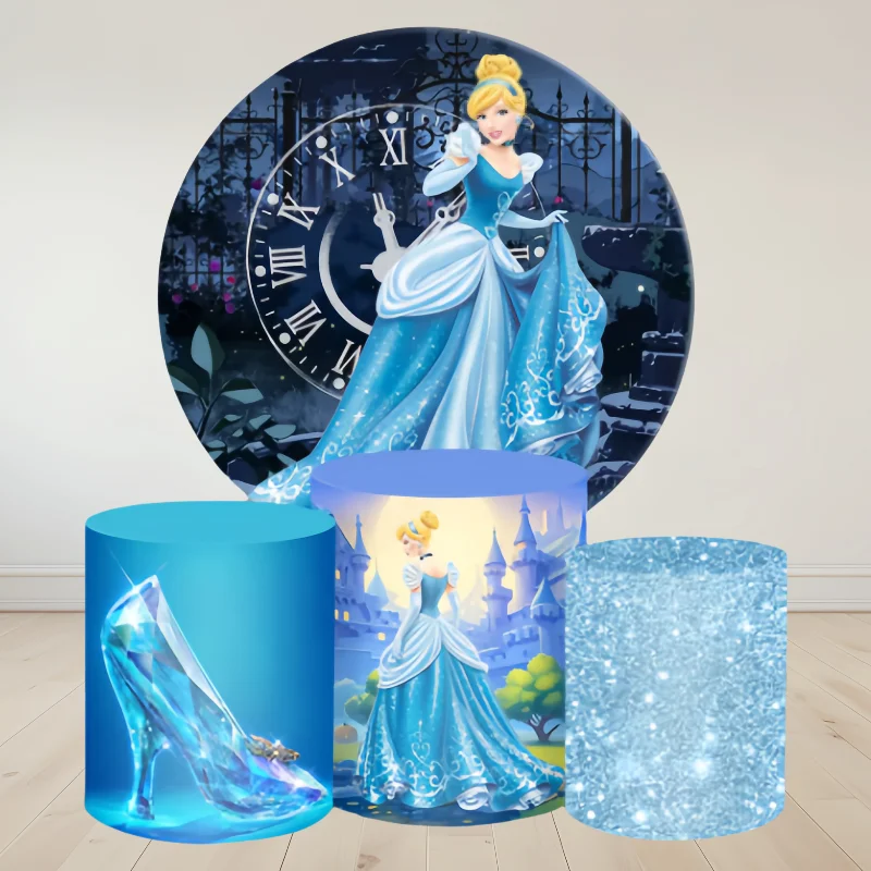 Cinderella Princess Round Backdrop 3 Cylinder Cover 4 Piece Background Photography Baby Shower Birthday Party Dessert Table