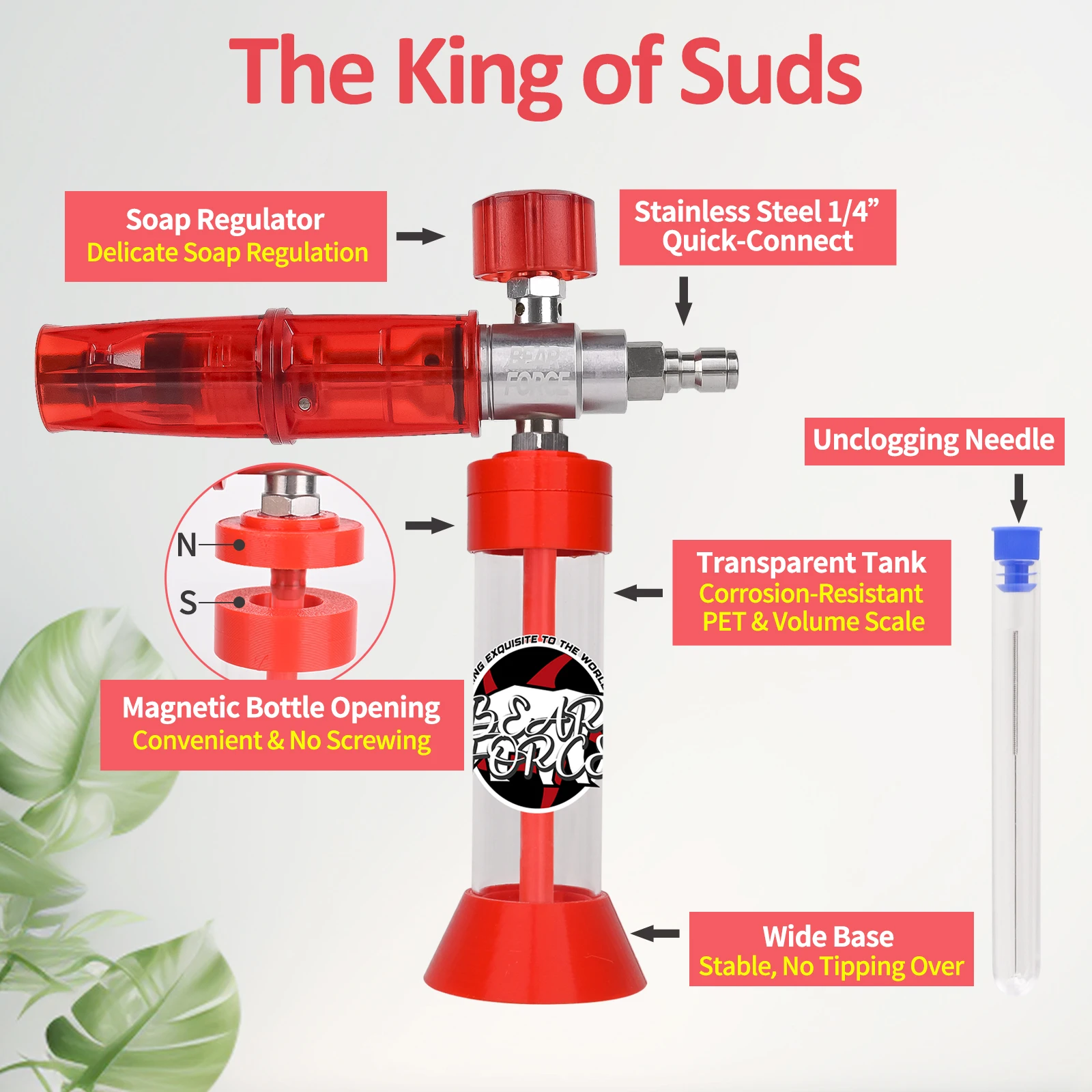 مدفع رغوة الشفط المغناطيسي بالضغط Pro مع موصل سريع 1/4، 360 درجة ° صابون غسيل السيارات من إسفنج الثلج قابل للتعديل للرغوة السميكة