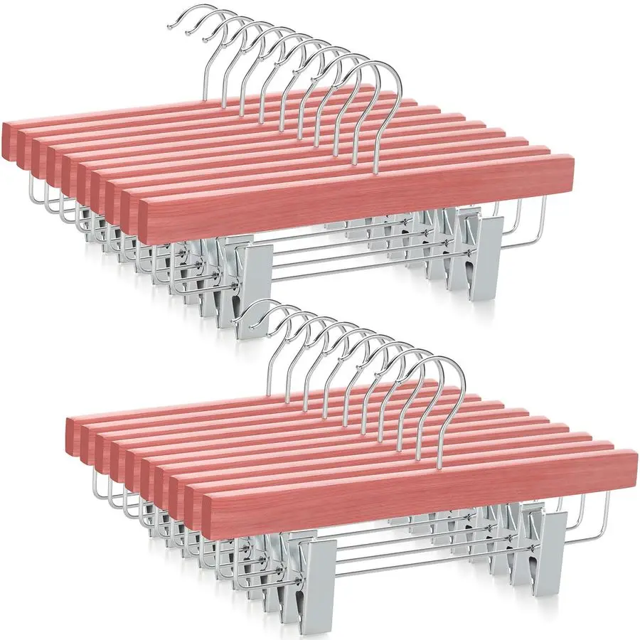 

Red Cedar Wooden Pants Hangers 20 Pack, Slacks Trouser Shorts Hangers with 2 Big Metal AntiWrinkle Adjustable Clips, 360 Stronge