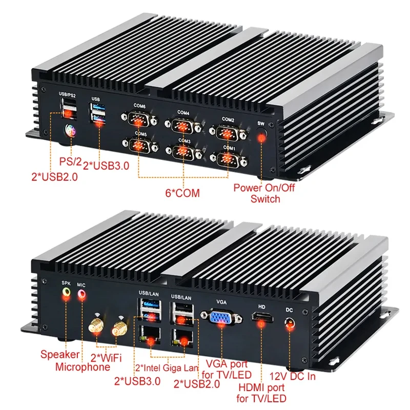 Fanless Industrial Mini PC Intel I7 10510U 8565U 7510U I5 8350U 7300U I3 7100U Dual Lan 6*COM RS232 RS422 RS485 Desktop Computer