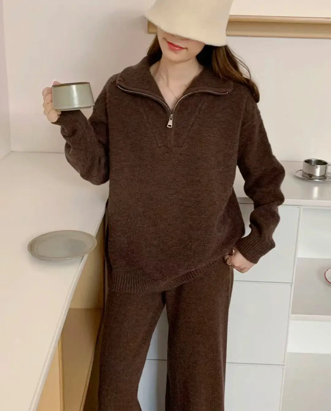 

Half Zip Knit Sweater Long Sleeved Top Set Winter Two-piece Set Solid Color Half Skirt Set