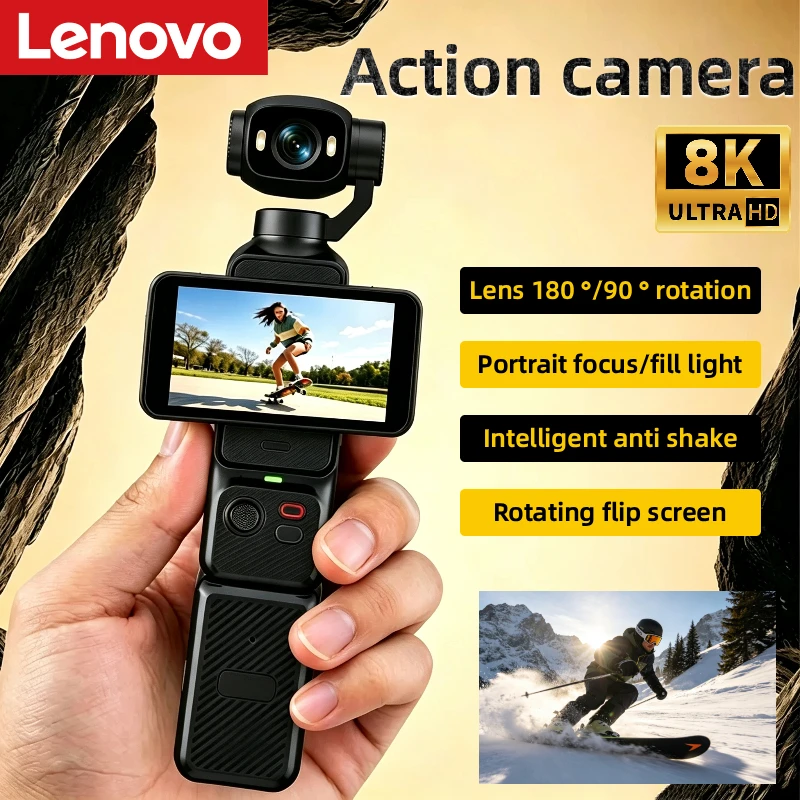 Lenovo Fotocamera Tascabile 8K HD 180 ° Fotocamera Vlog Tascabile con Obiettivo Rotante e Stabilizzazione Anti-Vibrazione, Visione Notturna, Fotocam
