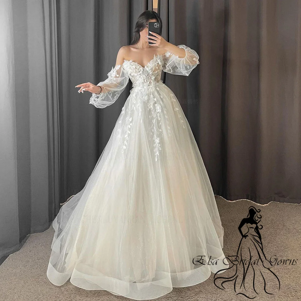 Boho Wedding Dresses Women Sweetheart Puff Sleeves Long Bride Dress Applique Illusion A-Line Sexy Custom Occasion Gowns