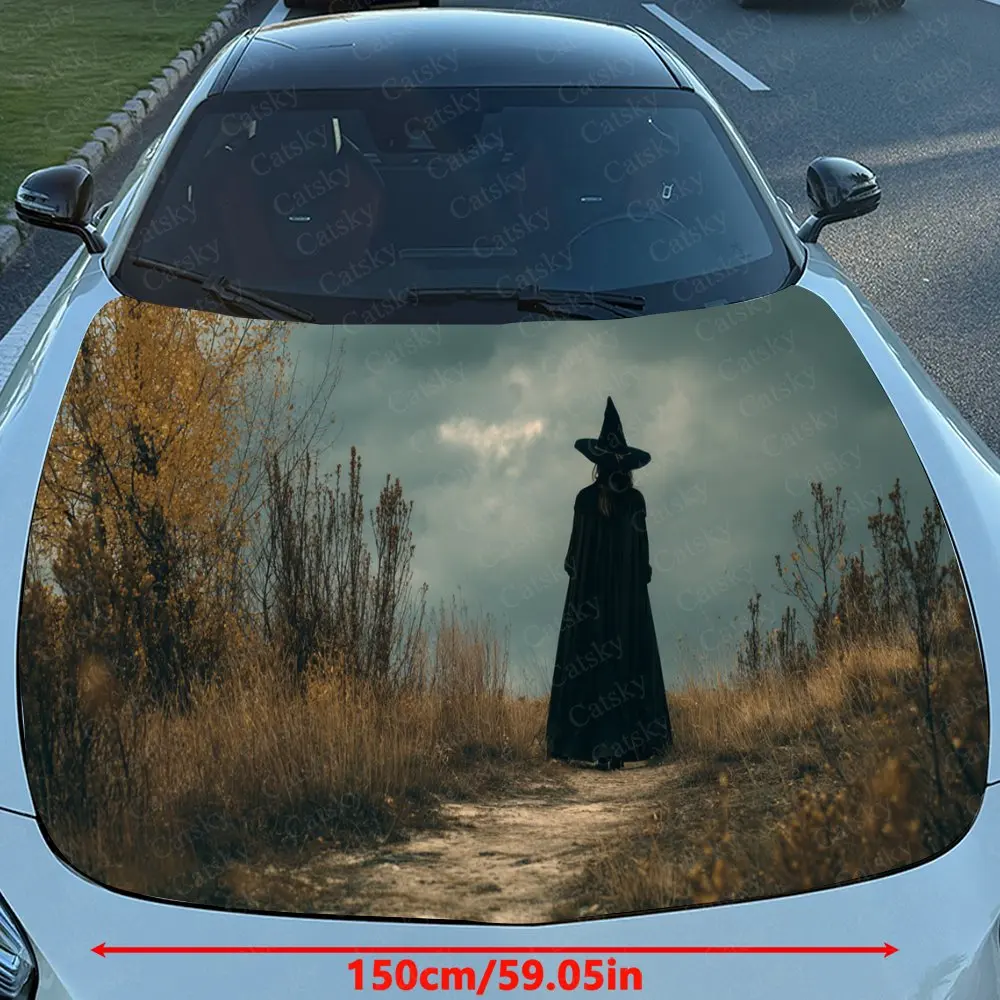 Car Decal Lone Witch with Autumn Pathway Artistic Fusion Design, Embodying a and Isolated Atmosphere Car Hood Sticker, Waterproo