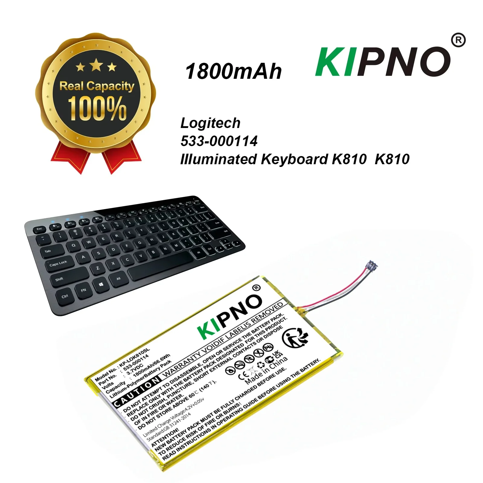 Kipno 1800mAh Rechargeable Battery for Logitech Illuminated Keyboard K810 Part Number 533-000114 - Keyboard Accessories