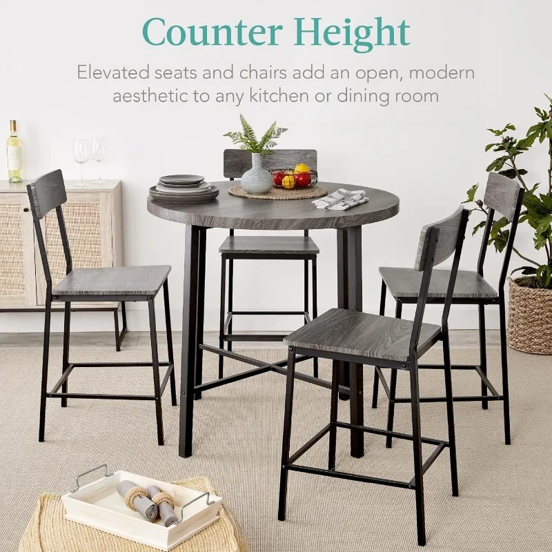 5-Piece Modern Round Counter Height Dining Set for Home Kitchen Dining Room and Garden with 4 Chairs and 1.5 Inch Thick Table