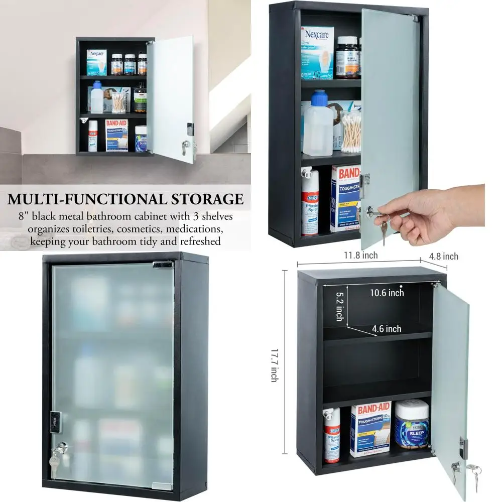 

Настенный металлический шкафчик для медикаментов с 3 полками, стеклянной дверцей с замком и ключами