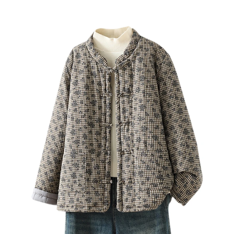 Thiened algodão jaet feminino inverno hanfu algodão linho estampa floral top longo sve comprimento regular fecho de botão único