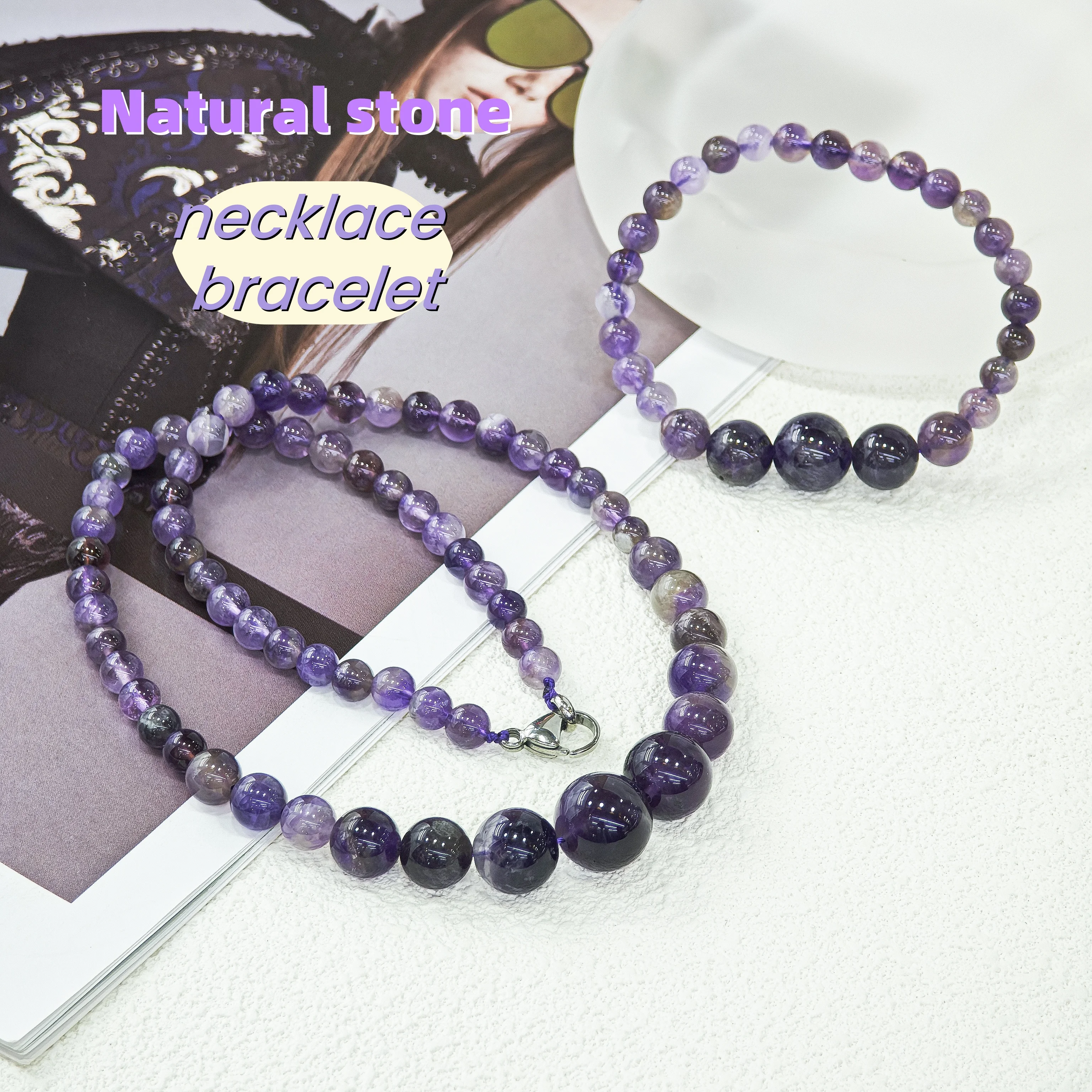 Lecter Store Unique Handmade Vintage Purple Natural Stone Necklace Bracelet Pendant, Round Women's Jewelry Gift Set Accessories