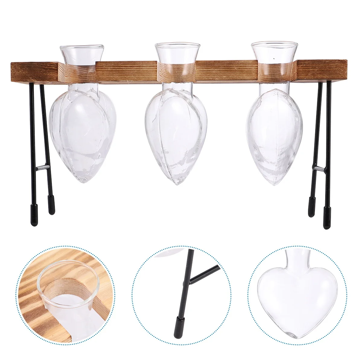 

Desktop Hydroponic Flower Vase in Heart Design with Wooden Stand Suitable for Silk Flowers Greenery and Floral Arrangement