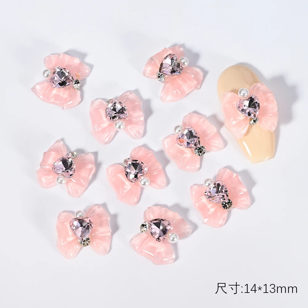 10 Uds. De dijes para decoración de uñas con lazo transparente de hielo 3D, cinta de 14x13mm, pajarita, corazón, diamantes de imitación, piezas para uñas, bonito lazo de resina, accesorios para uñas