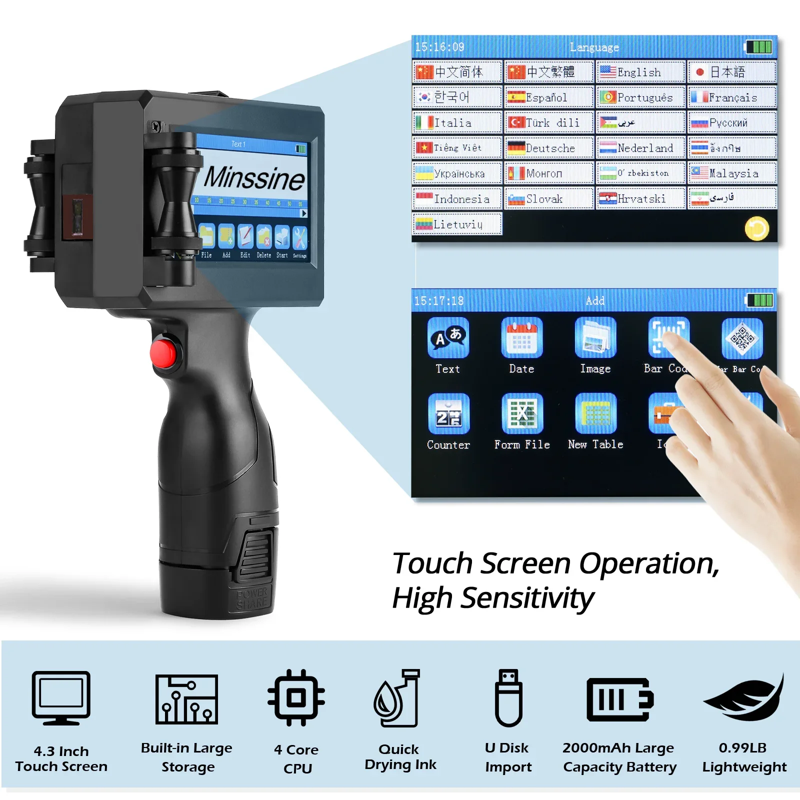 Imagem -03 - Handheld Inkjet Printer Gun Tinta de Secagem Rápida Código de Barras qr Número do Lote Logotipo Data Label Printer Não Criptografado 127 Milímetros