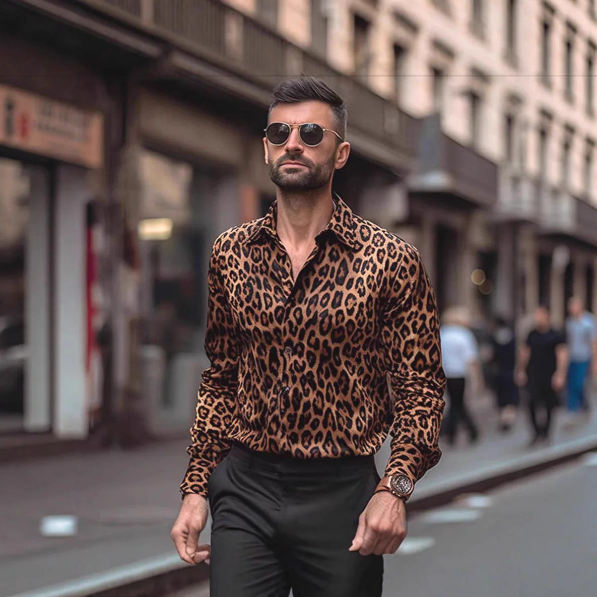 

European American Vintage Men's Leopard Casual Loose Simple Basic Trendy Turn-down Collar Long Sleeve Non-iron Shirts Male Tops
