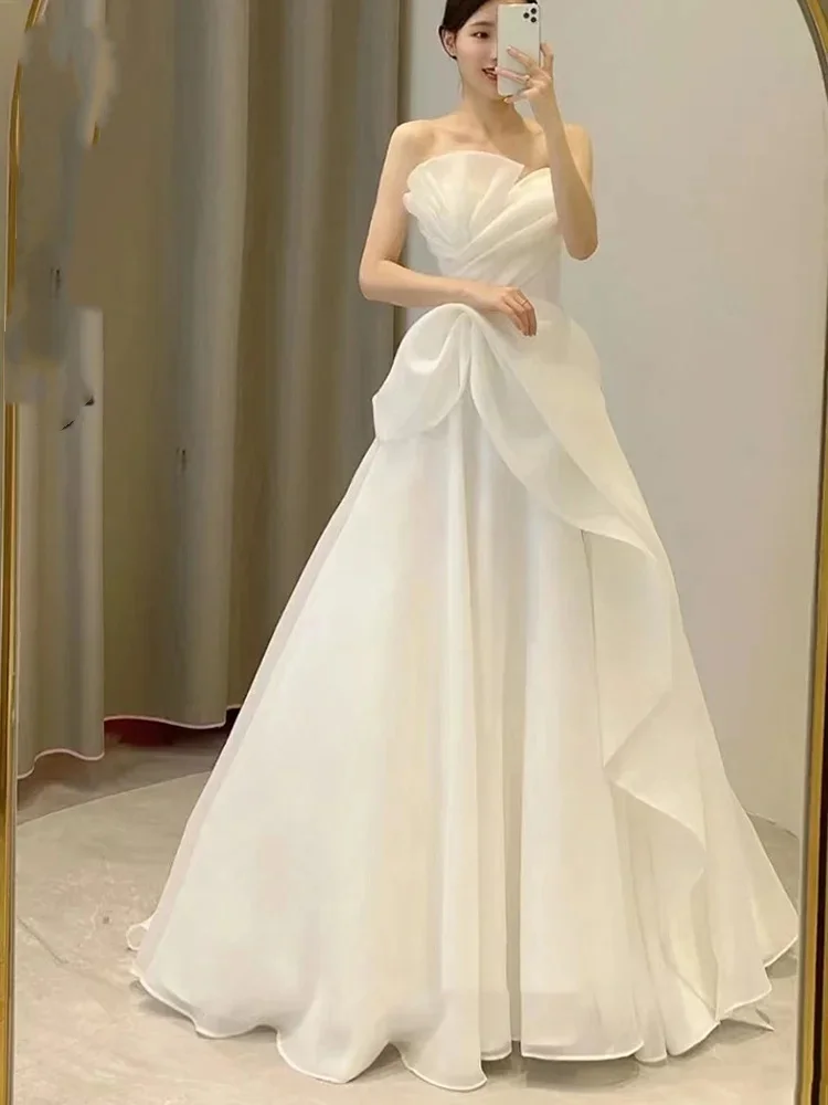 MD Princess Scalloped A-line Wedding Dress Organza Pleat Sleeveless Korea Photoshoot Floor Length Bridal Gown Customised 2025