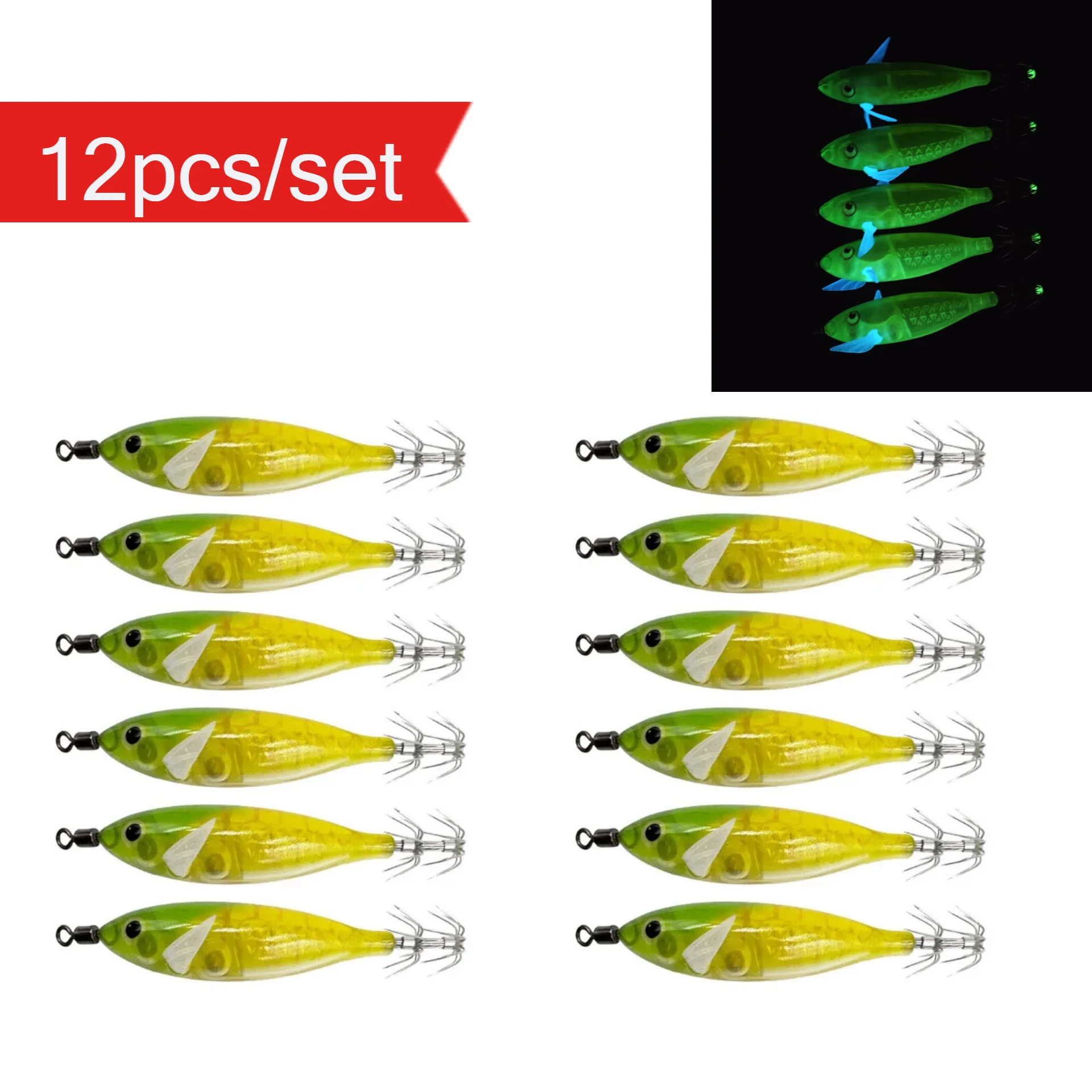 12 Stück/Set 8cm/5,7g Garnelen-Angelköder Leuchtender Tintenfisch-Jig-Haken Meeresfischerei-Zubehör Künstlicher Köder Oktopus-Köder