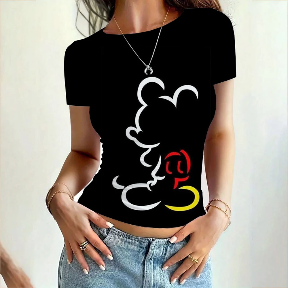 ديزني ميكي ماوس طباعة 2025 الصيف مثير المرأة الأساسية س الرقبة قصيرة الأكمام تي شيرت المرأة سليم صالح مطاطا تي شيرت أعلى 20 co