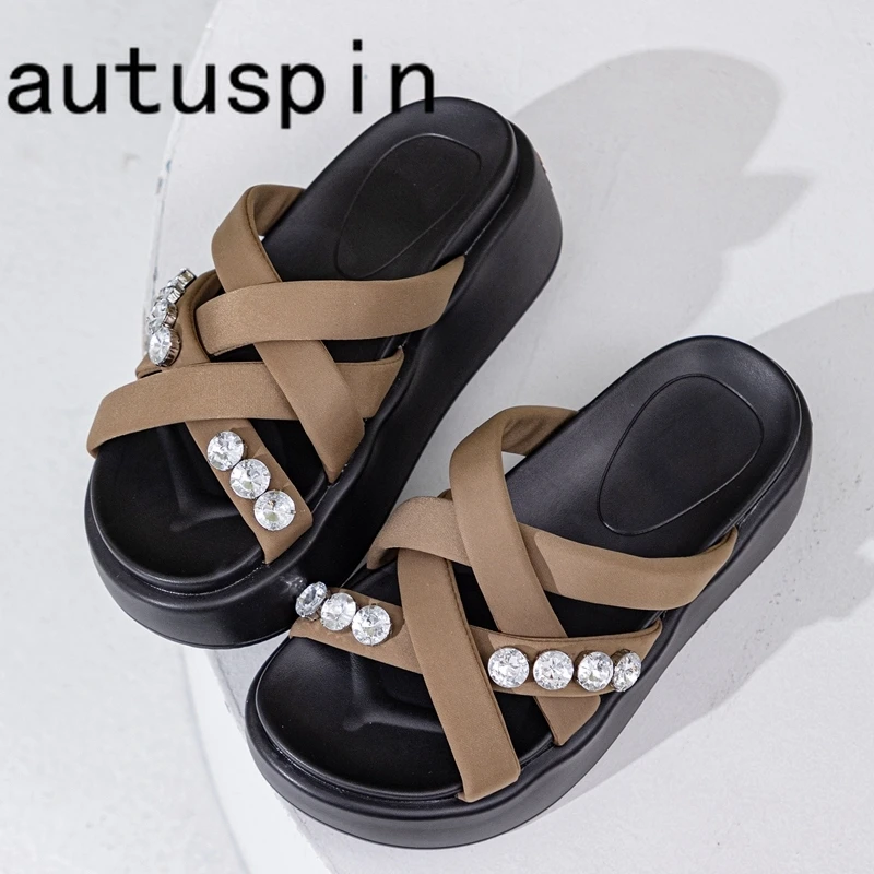 AUTUSPIN Thick Bottom Women Slippers Summer Outside Ladies Beach Crystal Shoes Female Fashion Flats Platform Chunky Slides Shoes