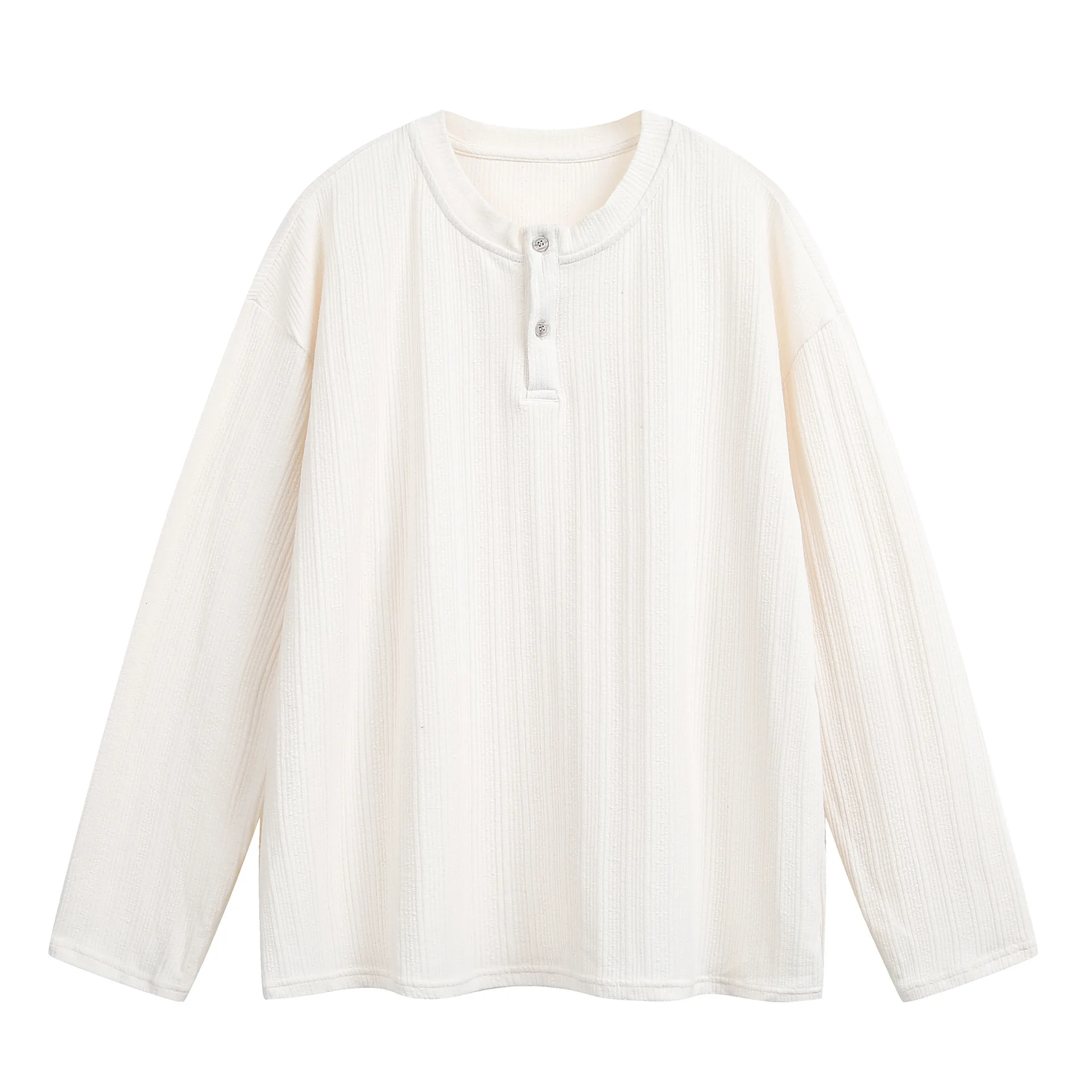 

Japanese Retro Literary Youth Textured Henley Collar Long-Sleeve T-Shirt Unisex Loose Fit Base Layer Tees Tops for Spring 2026