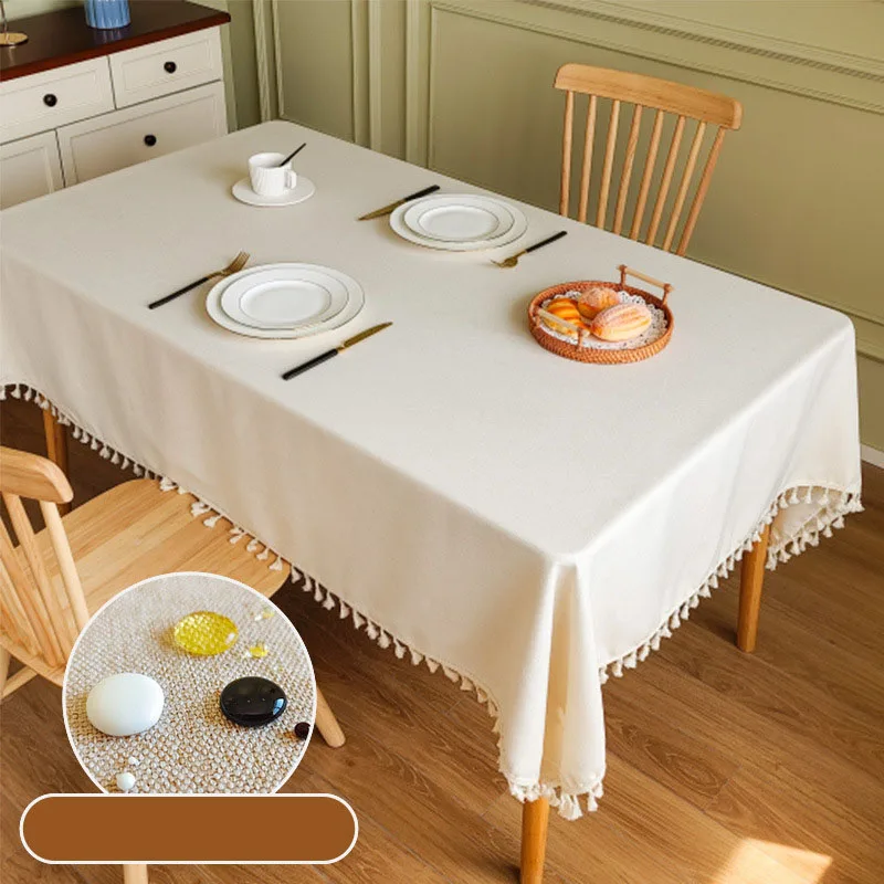Waterproof Cotton and Linen Tablecloth for Dining Luxury Solid Oil-Proof Table Cover with Tassels Soft Washable Home Decoration