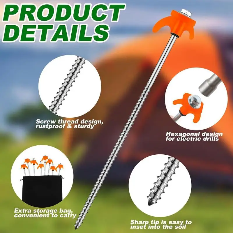 

8pcs Screw In Tent Stakes 8X Heavy Duty Ground Anchors Peg Windproof Tent Pegs Ground Stakes Tent Spikes With Storage Bag & Peg